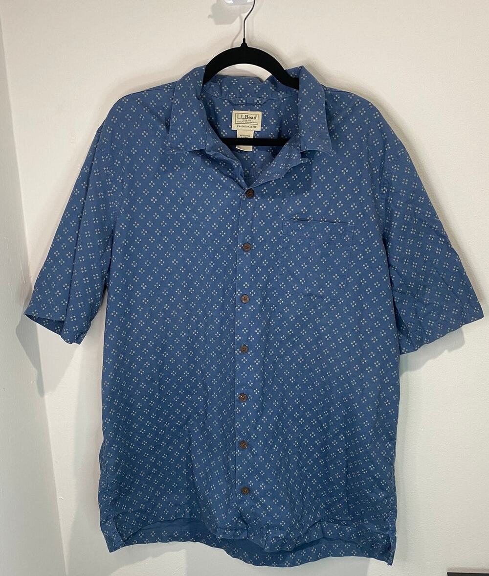 L.L. Bean Shirt Mens L Tall Blue Cotton Traditional Fit Coastal Granddad EUC